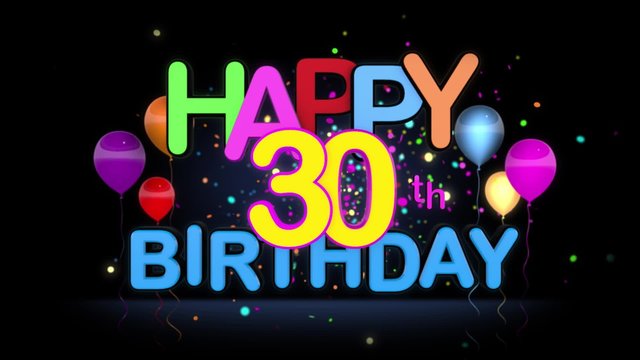 Happy 30th Birthday Title seamless looping Animation for Presentation with dark Background.