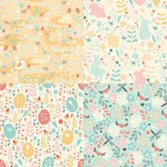 Seamless patterns Easter theme with hand painted funny bunnies, eggs and birds.