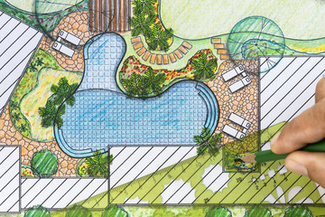 Obraz premium Landscape architect design backyard plan for villa