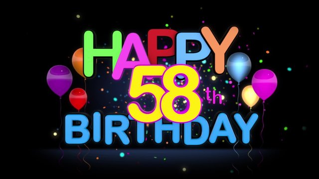 Happy 58th Birthday Title seamless looping Animation for Presentation with dark Background.