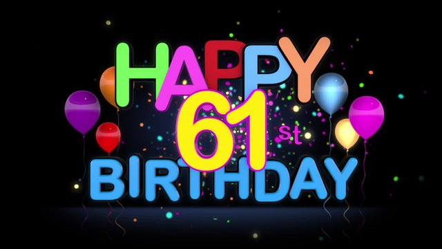 Happy 61st Birthday Title seamless looping Animation for Presentation with dark Background.