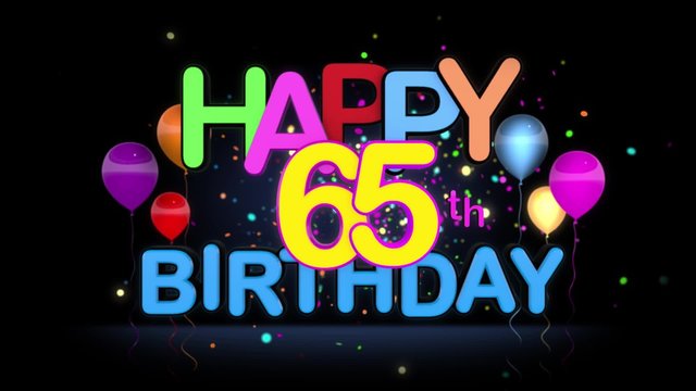 Happy 65th Birthday Title seamless looping Animation for Presentation with dark Background.