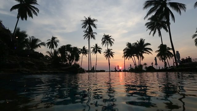 Sunset on tropical shore with silhouettes of palm trees.