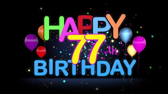 Happy 77th Birthday Title seamless looping Animation for Presentation with dark Background.