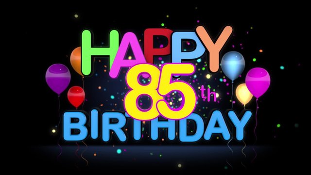 Happy 85th Birthday Title seamless looping Animation for Presentation with dark Background.