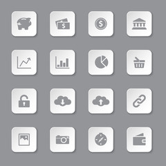 gray flat finance and technology icon set on rounded rectangle button for web design, user interface (UI), infographic and mobile application (apps)