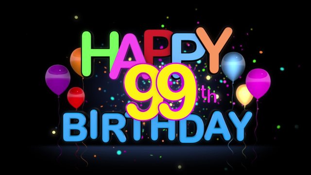 Happy 99th Birthday Title seamless looping Animation for Presentation with dark Background.