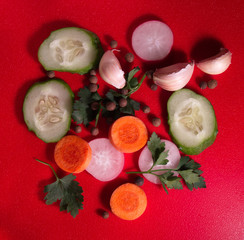 Vegetables on a red background