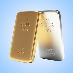 Banking concept. Golden and silver flat bars on blue background