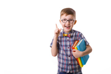 funny boy five years with books on a white background