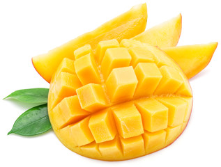 Mango cubes and mango slices. Isolated on a white background.