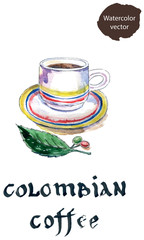Cup of colombian coffee with coffee beans and leaf