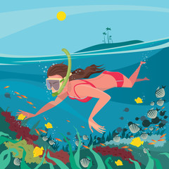 Cute girl in red swimsuit swimming under water with mask and snorkel around the coral reef - Underwater world or snorkeling concept - obrazy, fototapety, plakaty