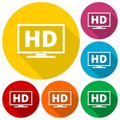 High definition television symbol, HDTV icons set with long shadow