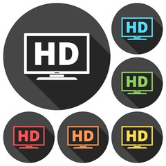 High definition television symbol, HDTV icons set with long shadow