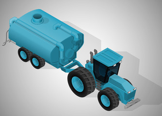 Vector isometric illustration of a farm tractor with liquid manure spreaders. Equipment for agriculture.