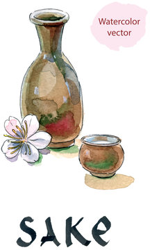 Sake, "saki" bottle and cup, Japanese liquor