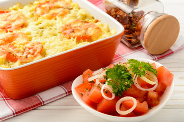 Casserole with minced meat, vegetables and cheese.