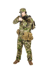 Russian soldier in camouflage  aiming with rifle. Isolated on wh