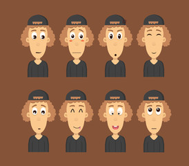 Attractive brown haired boy with different expressions collection. Vector Isolated