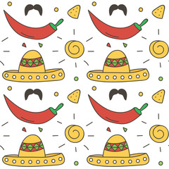 Mexican seamless pattern background with sun, sombrero, chili pepper, nachos. Cinco de Mayo background.