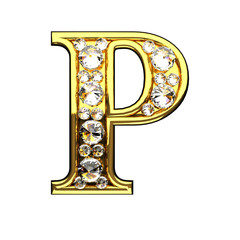 p isolated golden letters with diamonds on white