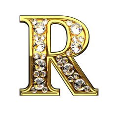 r isolated golden letters with diamonds on white