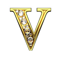 v isolated golden letters with diamonds on white
