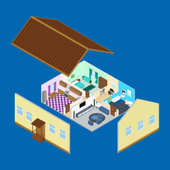 vector illustration. The interior of the rooms inside the house. Bathroom, kitchen, living room, bedroom. a desk with a computer. Infographic. isometric.