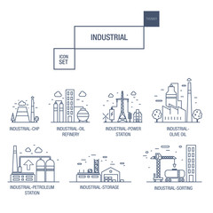 big industrial icon set with design elements gas, olive, clean, tower, hydro, train, airport, sorting, gravel in realistic thin linear style