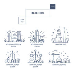 big industrial icon set with design elements gas, olive, clean, tower, hydro, train, airport, sorting, gravel in realistic thin linear style