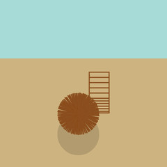 Beach line with bamboo parasol and wooden chaise lounge top view vector icon
