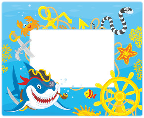 Fototapeta premium Vector horizontal frame border with a pirate shark, a sea snake, a crab, a starfish, a steering wheel and an anchor from a sunken ship