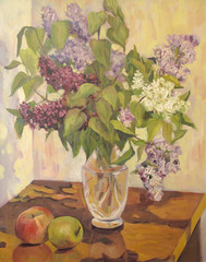 Still life with a bouquet of flowers. Lilacs in a vase and apples on the table. Oil painting - 106212959