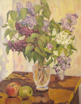 Still life with a bouquet of flowers. Lilacs in a vase and apples on the table. Oil painting