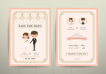 Art Deco Cartoon Couple Wedding Invitation Card