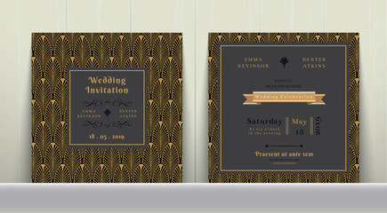 Art Deco Wedding Invitation Card  in Gold and Dark Gray