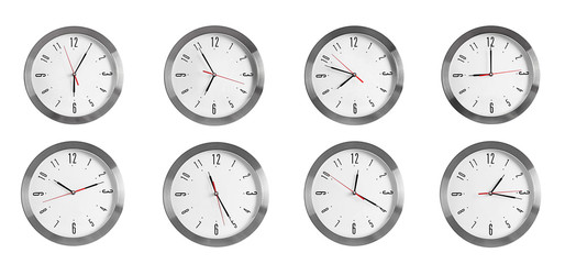 Collage of round wall clocks, isolated on white
