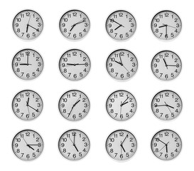 Collage of round wall clocks, isolated on white