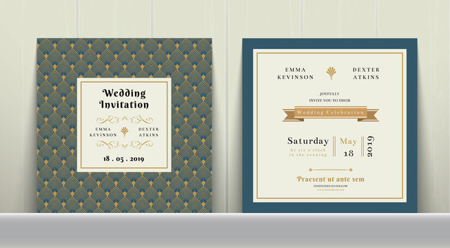 Art Deco Wedding Invitation Card In Gold And Blue