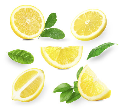 Set of  fresh lemons with leaves, isolated on white