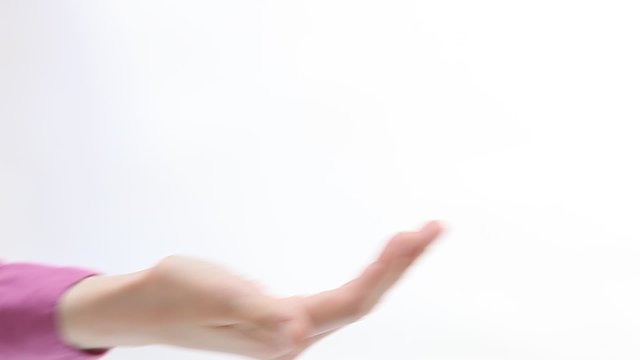 Female hand offering handshake, white background