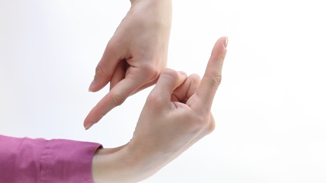 Female hands showing different directions, white background