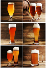Collage with glasses of beer on table on wooden background
