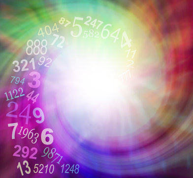 Spiraling Numbers Energy - random transparent spiraling numbers swirling towards the center of an ethereal multicolored spiraling energy field with plenty of copy space 