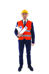 Professional engineer with blueprint, isolated on white