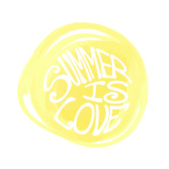 Summer is love - vintage grunge vector hand lettering in sunny yellow circle