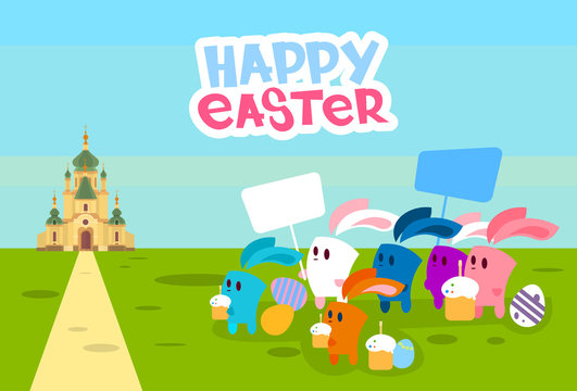 Group Rabbits Hold Placard Eggs Go To Church Happy Easter Holiday Banner 