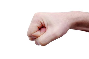 Image of male showing fist. Man hand sign isolated on white background