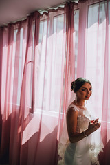 beautiful gorgeous stylish bride brunete getting ready in the morning in the room